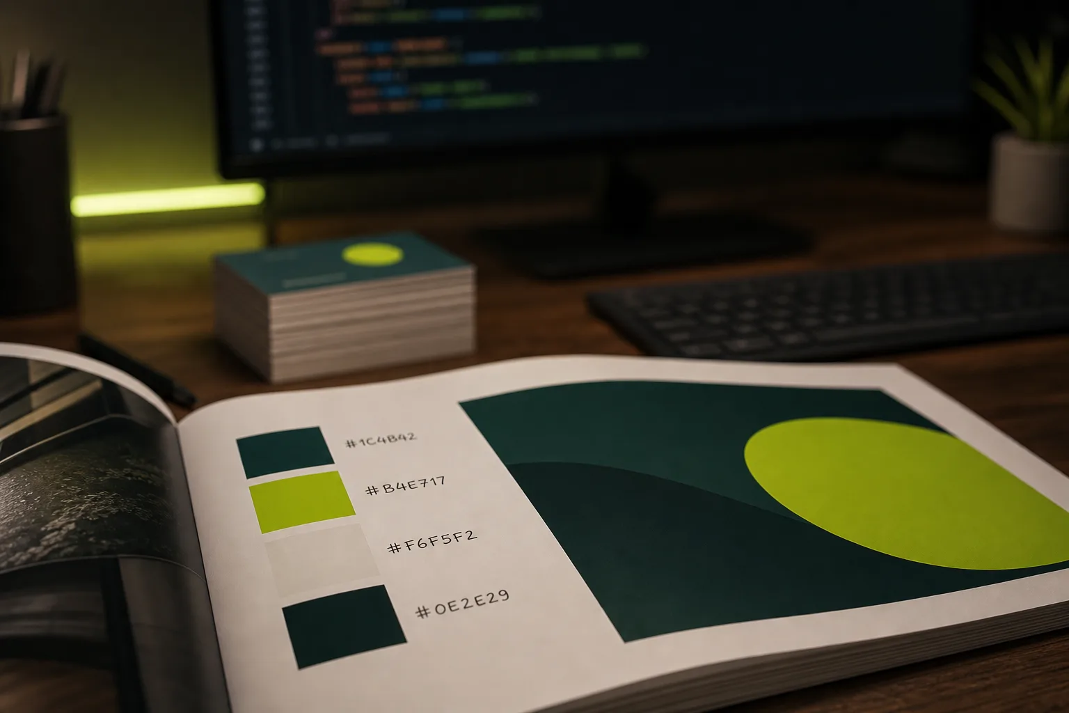 Designer-Schreibtisch: aufgeschlagenes Markenbuch mit Farbpalette, Visitenkarten und Code-Monitor im Hintergrund