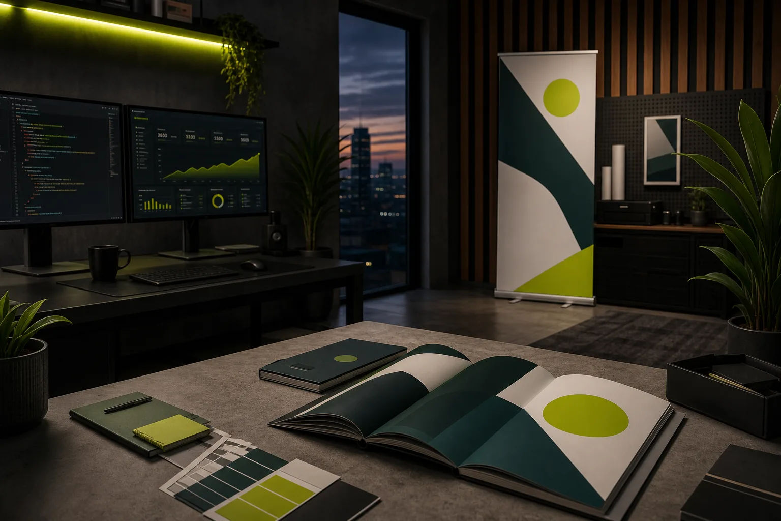Studio-Aufnahme: zwei Monitore im Hintergrund, Markenbuch und Roll-up-Banner im Vordergrund