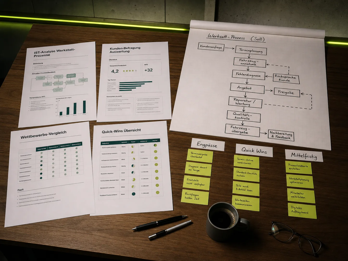 Beratungs-Workshop am Werkstatt-Tisch – Bestandsanalyse mit Dokumenten und Notizen
