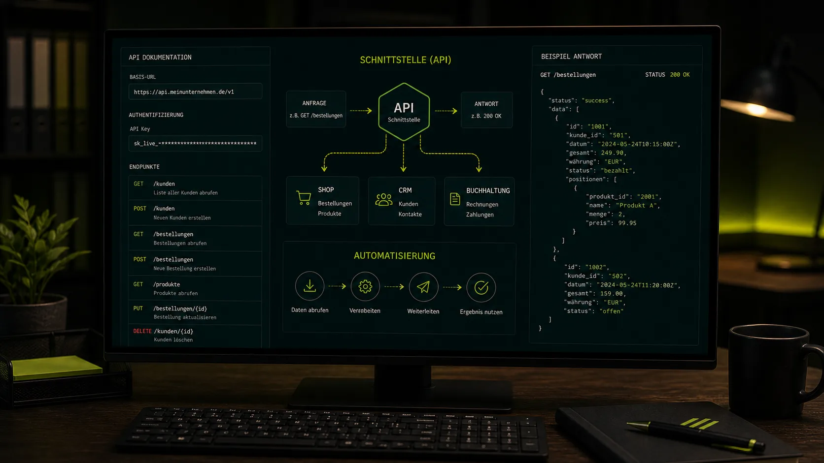 Codeeditor mit API-Endpunkten und visualisierten Datenflüssen zwischen Anwendungen