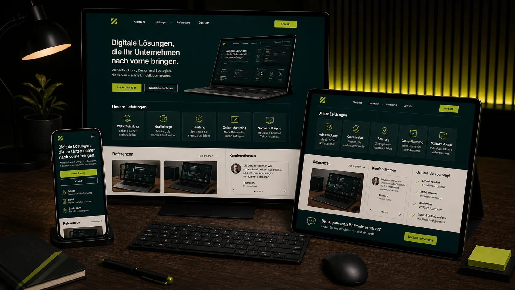 Drei Bildschirme zeigen verschiedene Ansichten einer professionellen Unternehmenswebsite, Desktop, Tablet, Smartphone