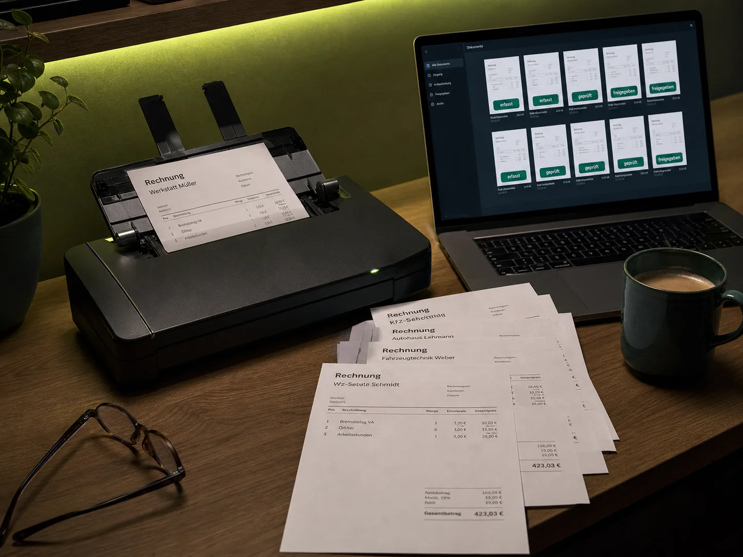 Beleg-Scanner-Arbeitsplatz – Eingangsrechnungen einer KFZ-Werkstatt werden digital erfasst