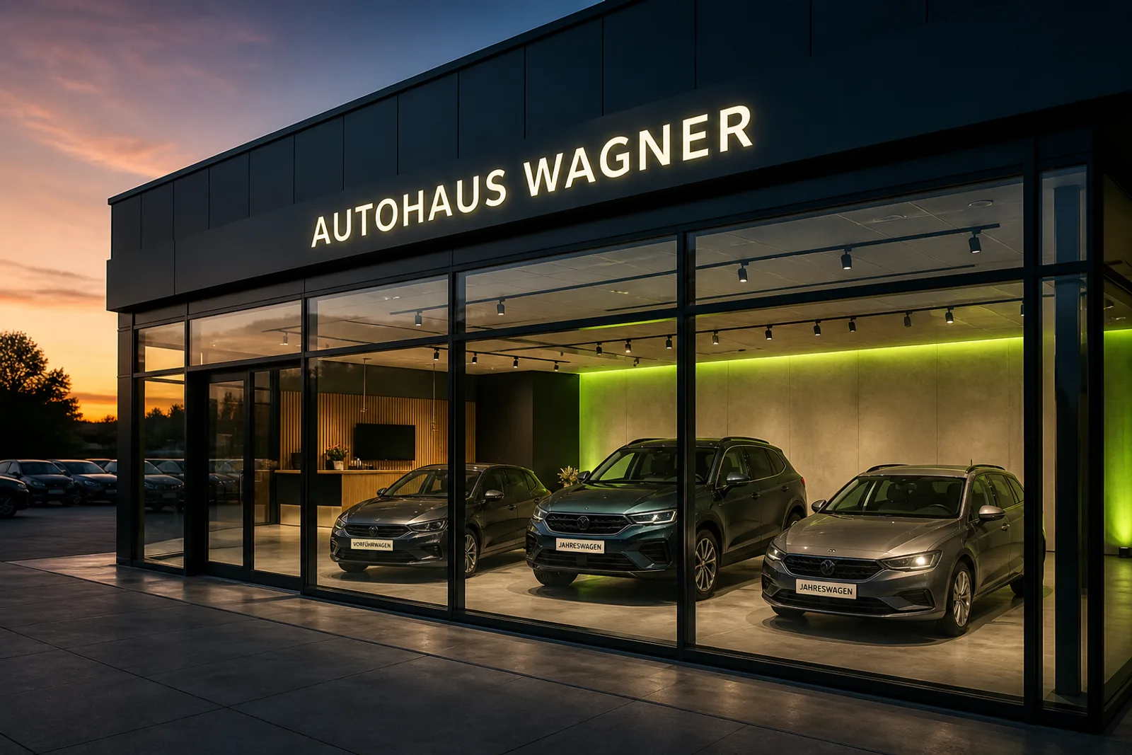 Autohaus-Fläche mit Fahrzeugen und digitaler Präsentation als Webentwicklungs-Kontext