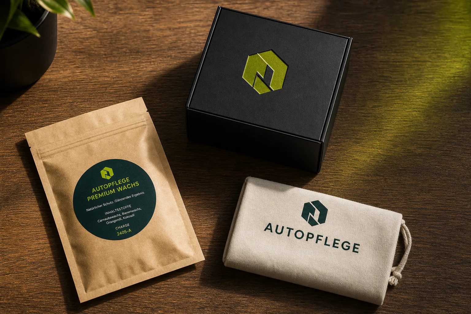 Verpackungsdesign – kleiner Karton mit Marken-Print, Etikettendetail und Stoffbeutel