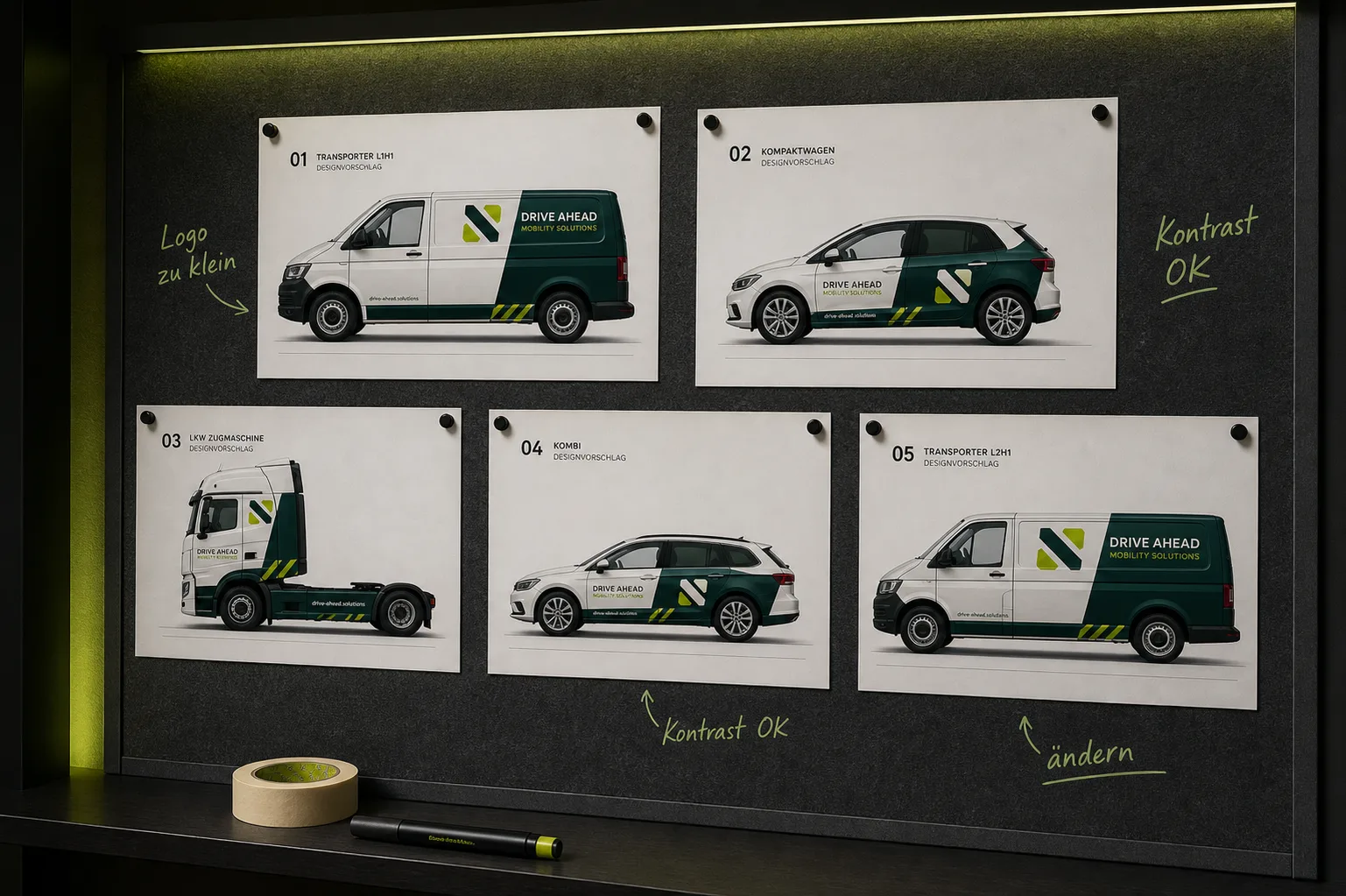 Designer-Pinnwand mit Fahrzeugbeschriftungs-Entwürfen für Transporter und PKW