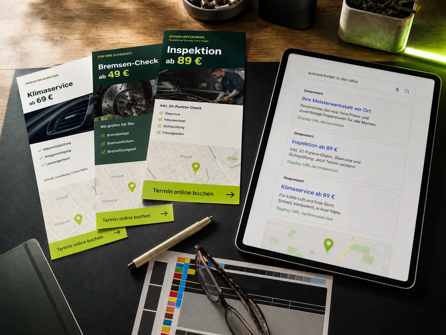 Lokale Werkstatt-Kampagne – Print-Flyer und Google-Anzeigen-Mockup auf einem Tisch