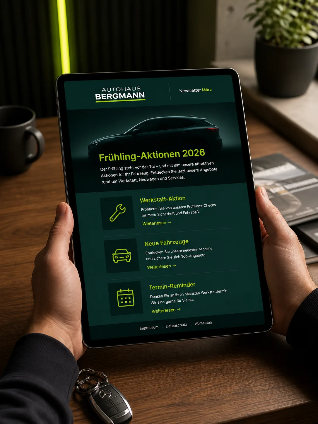 Newsletter-Design für ein Autohaus – Layout-Mockup mit Fahrzeug-Hero und drei Themen-Blöcken