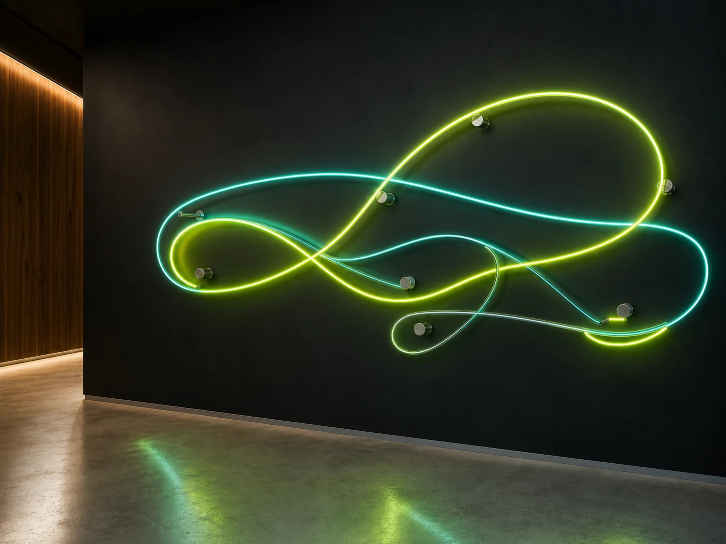 Leuchtender Neon-Schriftzug in Lime und Türkis an einer dunklen Wand – LED-Neon-Werbung von PALA