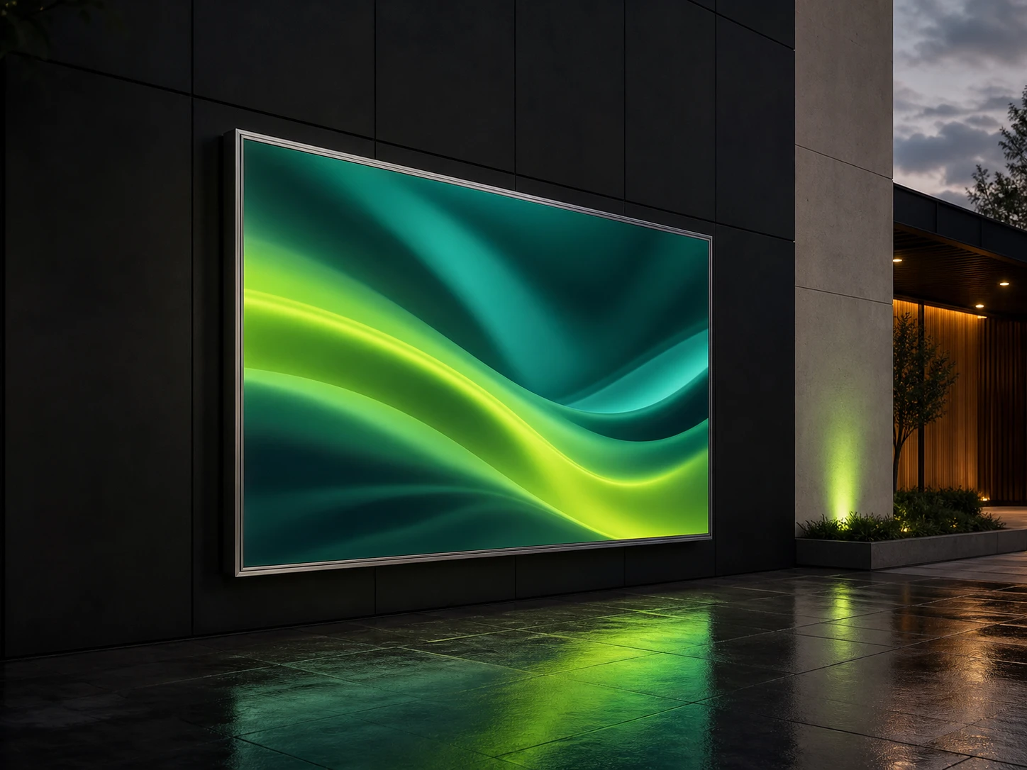 Digitales LED-Display mit wechselnder Werbeanzeige an einer Fassade bei Dämmerung – Digitalwerbung von PALA