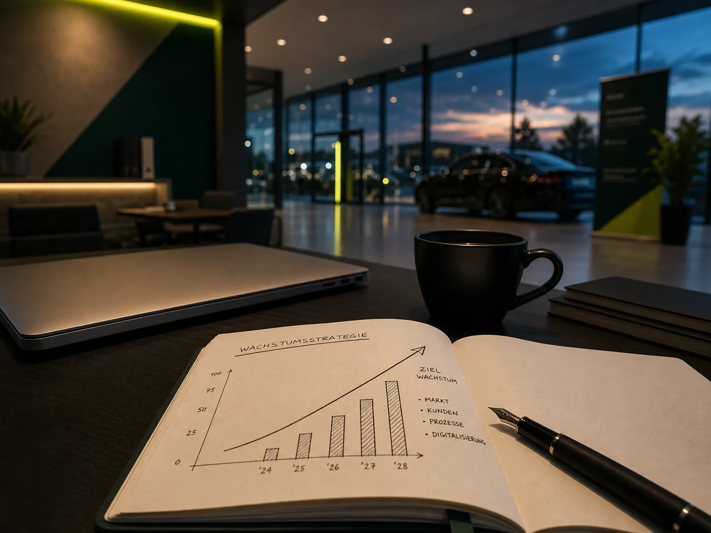 Aufgeräumter Arbeitsplatz mit Notizbuch und Laptop – im Hintergrund unscharf eine Autohaus-Fläche