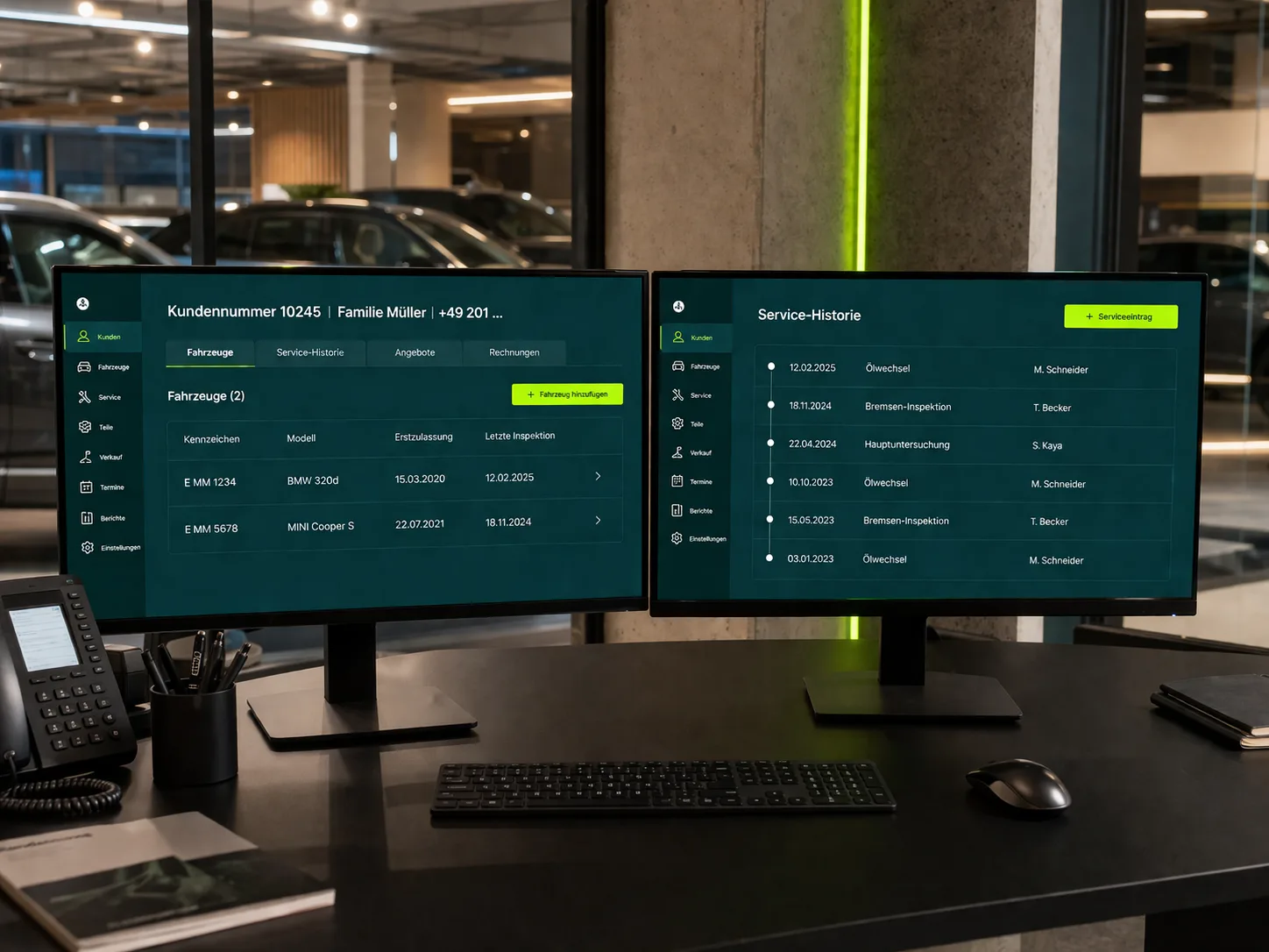 Autohaus-DMS-Oberfläche – Kunden, Fahrzeuge und Service-Historie auf einer Plattform