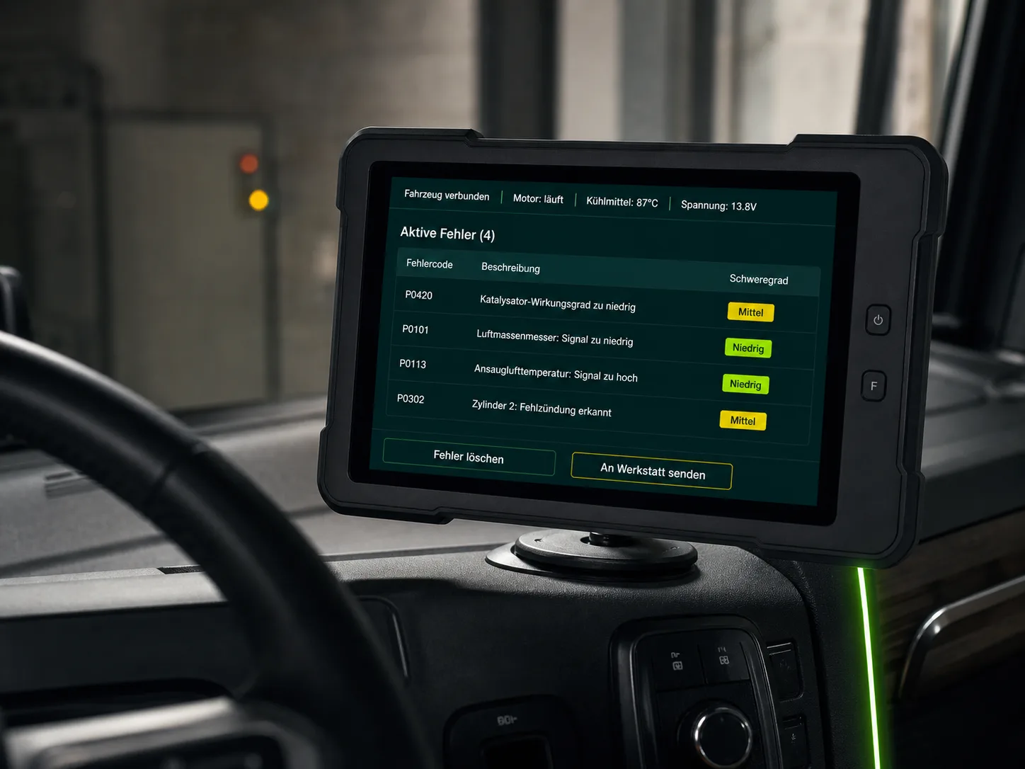 Robustes Tablet im LKW-Cockpit – Diagnose-Software mit Fehlercode-Anzeige in deutscher Sprache