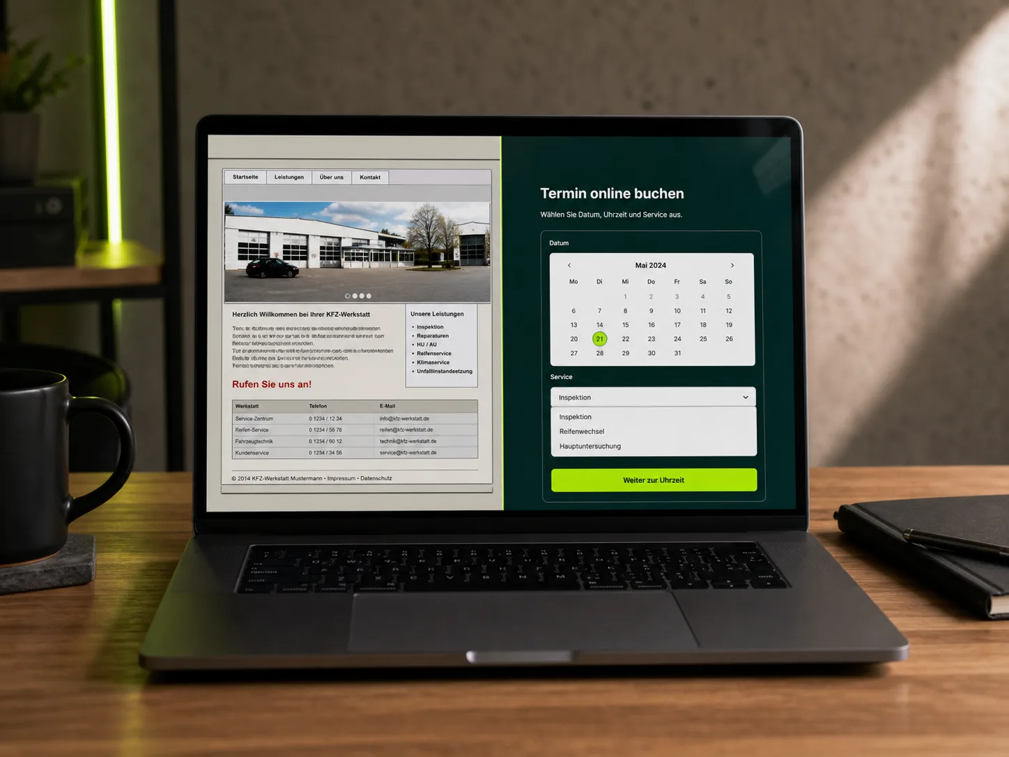 Werkstatt-Webseite vor und nach dem Relaunch – moderne Online-Terminbuchung statt veralteter Kontaktseite